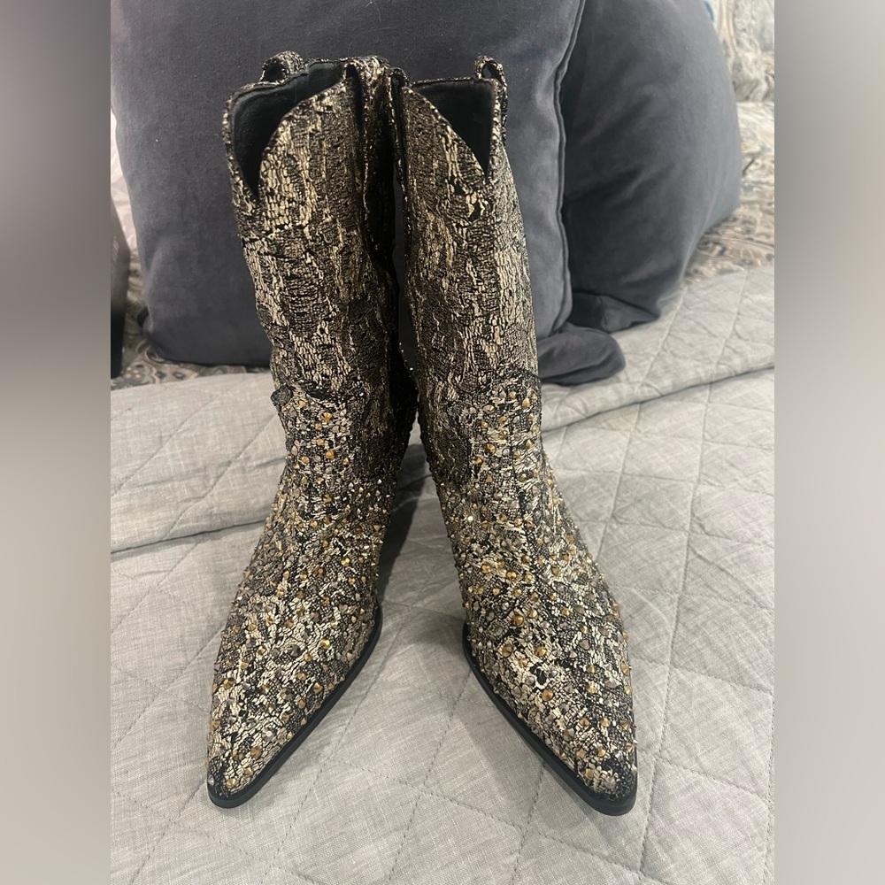 Azalea Wang Zirene Gold and Black Brocade Rhinestone Western Boots
